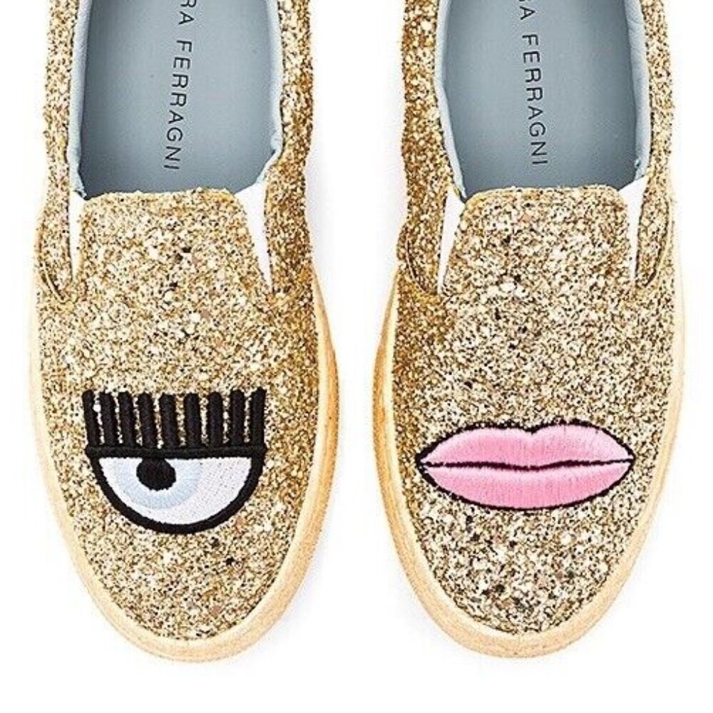 CHIARA FERRAGNI Eye & Lips Black Glitter Slip On Loafer Sneakers Italy EU 36